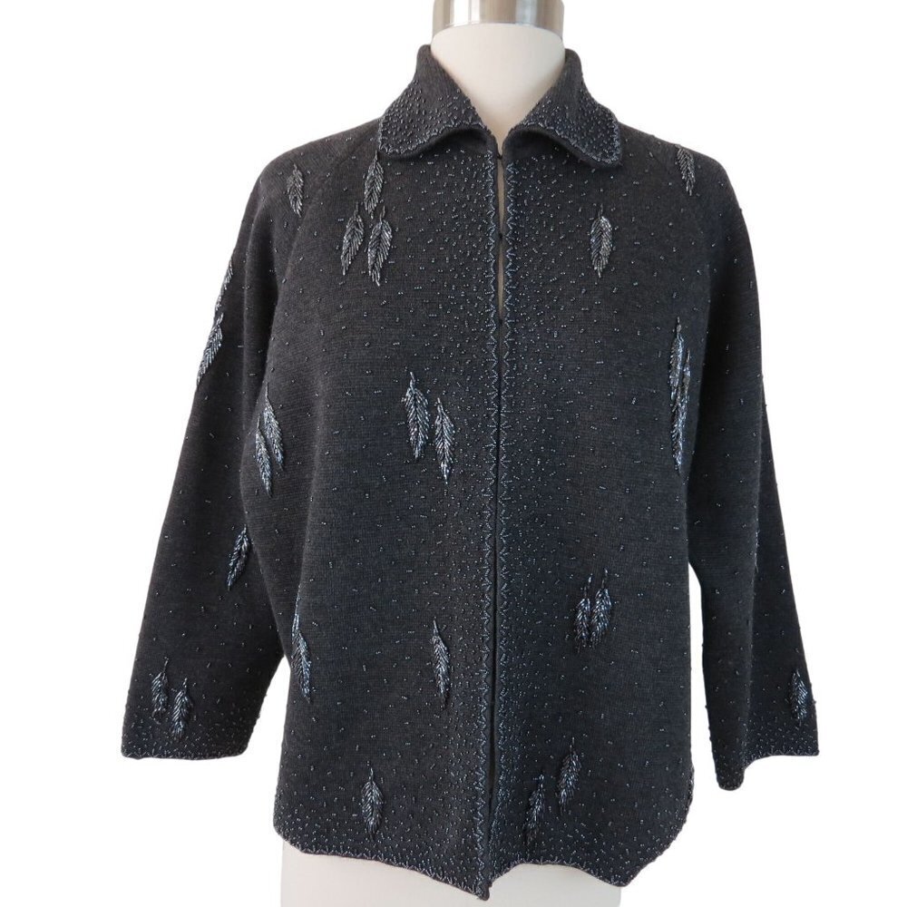 Vintage RENAISSANCE Women's Charcoal Gray Beaded Wool Cardigan Sweater 18 1/2